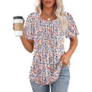 imageWIHOLL Short Sleeve Shirts for Women Summer Dressy Casual Tops Pleated Front3floral Pink