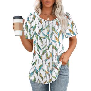 imageWIHOLL Short Sleeve Shirts for Women Summer Dressy Casual Tops Pleated Front4white Print
