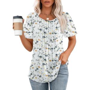 imageWIHOLL Short Sleeve Shirts for Women Summer Dressy Casual Tops Pleated Front5floral White
