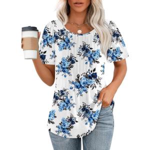 imageWIHOLL Short Sleeve Shirts for Women Summer Dressy Casual Tops Pleated Front6blue Rose