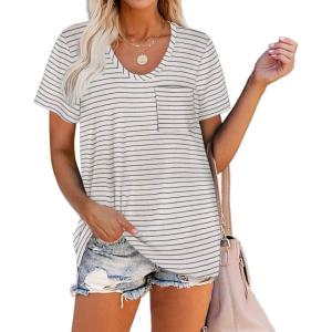 imageWIHOLL Women Summer T Shirts Short Sleeve Rounded V Neck Pocket Tee Tops00white Striped