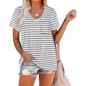 imageWIHOLL Women Summer T Shirts Short Sleeve Rounded V Neck Pocket Tee Tops04gray Striped