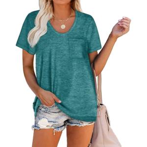 imageWIHOLL Women Summer T Shirts Short Sleeve Rounded V Neck Pocket Tee Tops1aqua