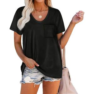 imageWIHOLL Women Summer T Shirts Short Sleeve Rounded V Neck Pocket Tee Tops1black
