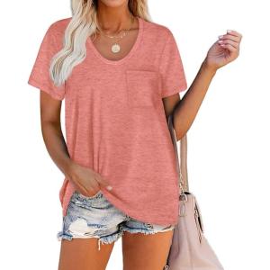 imageWIHOLL Women Summer T Shirts Short Sleeve Rounded V Neck Pocket Tee Tops1coral