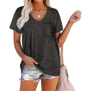 imageWIHOLL Women Summer T Shirts Short Sleeve Rounded V Neck Pocket Tee Tops1dark Gray