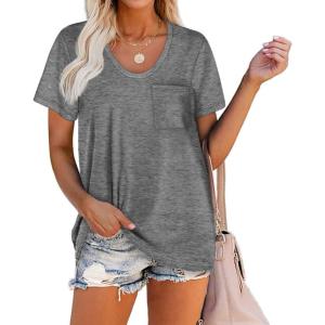 imageWIHOLL Women Summer T Shirts Short Sleeve Rounded V Neck Pocket Tee Tops1grey