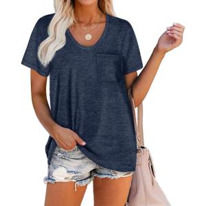 imageWIHOLL Women Summer T Shirts Short Sleeve Rounded V Neck Pocket Tee Tops1navy Blue