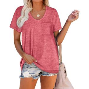 imageWIHOLL Women Summer T Shirts Short Sleeve Rounded V Neck Pocket Tee Tops1pink