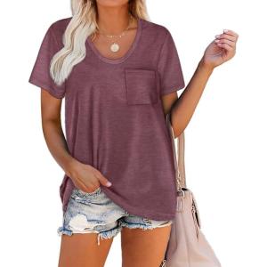 imageWIHOLL Women Summer T Shirts Short Sleeve Rounded V Neck Pocket Tee Tops1qwine Red