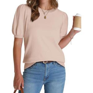 imageWIHOLL Womens Puff Short Sleeve Sweater 2025 Spring Summer Tops Trendy Business Casual Outfits Work Blouses ClothesApricot