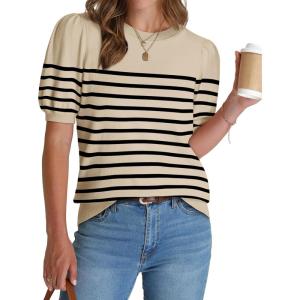 imageWIHOLL Womens Puff Short Sleeve Sweater 2025 Spring Summer Tops Trendy Business Casual Outfits Work Blouses ClothesApricotBlack