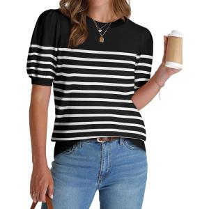imageWIHOLL Womens Puff Short Sleeve Sweater 2025 Spring Summer Tops Trendy Business Casual Outfits Work Blouses ClothesBlackWhite