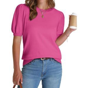 imageWIHOLL Womens Puff Short Sleeve Sweater 2025 Spring Summer Tops Trendy Business Casual Outfits Work Blouses ClothesHot Pink