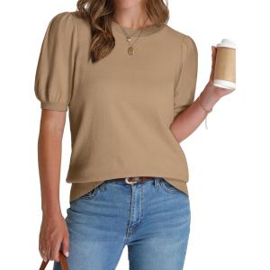 imageWIHOLL Womens Puff Short Sleeve Sweater 2025 Spring Summer Tops Trendy Business Casual Outfits Work Blouses ClothesKhaki