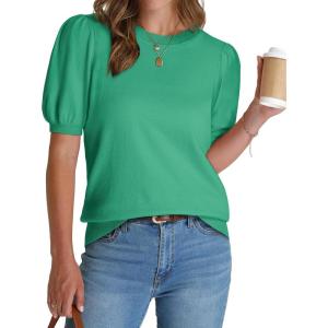 imageWIHOLL Womens Puff Short Sleeve Sweater 2025 Spring Summer Tops Trendy Business Casual Outfits Work Blouses ClothesLake Green