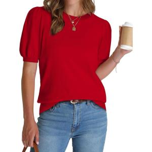 imageWIHOLL Womens Puff Short Sleeve Sweater 2025 Spring Summer Tops Trendy Business Casual Outfits Work Blouses ClothesRed