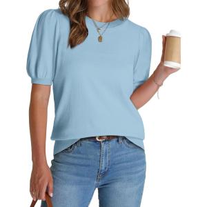 imageWIHOLL Womens Puff Short Sleeve Sweater 2025 Spring Summer Tops Trendy Business Casual Outfits Work Blouses ClothesSky Blue