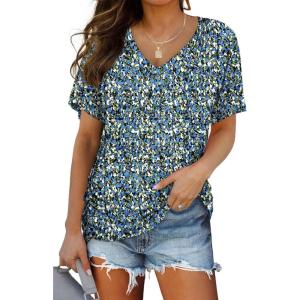 imageWIHOLL Womens Short Sleeve V Neck Dolman Tops with Side Shirring Loose Fit Shirts3floral Blue
