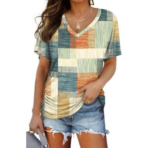 imageWIHOLL Womens Short Sleeve V Neck Dolman Tops with Side Shirring Loose Fit Shirts3plaid Orange Blue