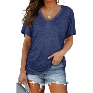 imageWIHOLL Womens Short Sleeve V Neck Dolman Tops with Side Shirring Loose Fit Shirts4dark Blue