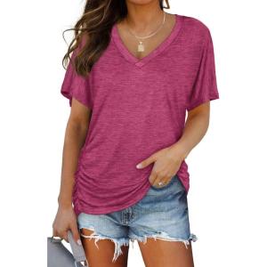 imageWIHOLL Womens Short Sleeve V Neck Dolman Tops with Side Shirring Loose Fit Shirts4fuchsia