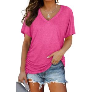 imageWIHOLL Womens Short Sleeve V Neck Dolman Tops with Side Shirring Loose Fit Shirts4rose Pink
