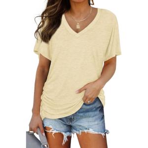 imageWIHOLL Womens Short Sleeve V Neck Dolman Tops with Side Shirring Loose Fit Shirts5beige