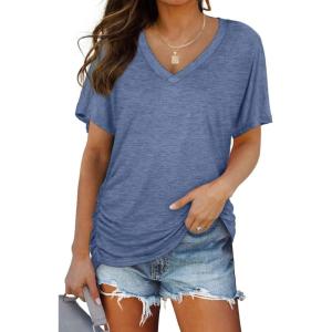 imageWIHOLL Womens Short Sleeve V Neck Dolman Tops with Side Shirring Loose Fit Shirts5light Blue