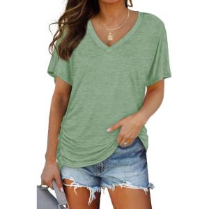 imageWIHOLL Womens Short Sleeve V Neck Dolman Tops with Side Shirring Loose Fit Shirts5light Green