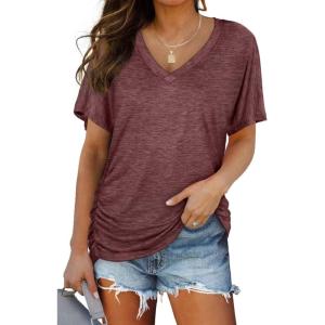imageWIHOLL Womens Short Sleeve V Neck Dolman Tops with Side Shirring Loose Fit Shirts5red