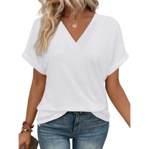 imageWIHOLL Womens Summer Tops Short Dolman Sleeve Shirts 2025 Fashion V Neck Outfits Clothes1white