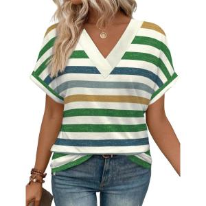 imageWIHOLL Womens Summer Tops Short Dolman Sleeve Shirts 2025 Fashion V Neck Outfits Clothes2striped  Green