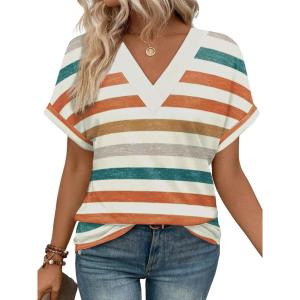 imageWIHOLL Womens Summer Tops Short Dolman Sleeve Shirts 2025 Fashion V Neck Outfits Clothes2striped  Orange