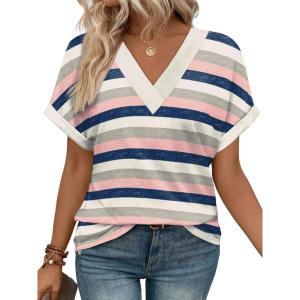 imageWIHOLL Womens Summer Tops Short Dolman Sleeve Shirts 2025 Fashion V Neck Outfits Clothes2striped  Pink