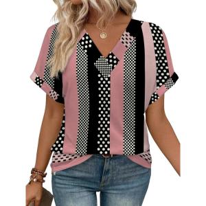 imageWIHOLL Womens Summer Tops Short Dolman Sleeve Shirts 2025 Fashion V Neck Outfits Clothes3black Stripes
