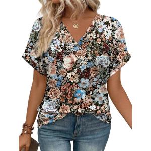 imageWIHOLL Womens Summer Tops Short Dolman Sleeve Shirts 2025 Fashion V Neck Outfits Clothes3floral Fierce