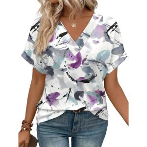 imageWIHOLL Womens Summer Tops Short Dolman Sleeve Shirts 2025 Fashion V Neck Outfits Clothes3purple Printed