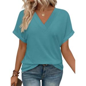 imageWIHOLL Womens Summer Tops Short Dolman Sleeve Shirts 2025 Fashion V Neck Outfits ClothesBlue