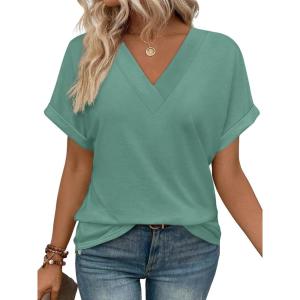 imageWIHOLL Womens Summer Tops Short Dolman Sleeve Shirts 2025 Fashion V Neck Outfits ClothesGreen Blue