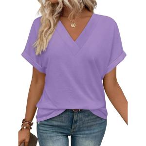 imageWIHOLL Womens Summer Tops Short Dolman Sleeve Shirts 2025 Fashion V Neck Outfits ClothesLight Purple