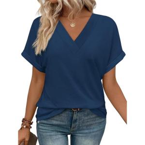 imageWIHOLL Womens Summer Tops Short Dolman Sleeve Shirts 2025 Fashion V Neck Outfits ClothesNavy