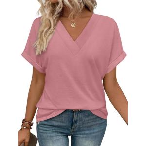 imageWIHOLL Womens Summer Tops Short Dolman Sleeve Shirts 2025 Fashion V Neck Outfits ClothesPink