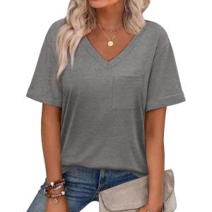 imageWIHOLL Womens Summer Tops V Neck Short Sleeve T Shirts Dressy Casual Basic Tee Clothes 2025D  Grey