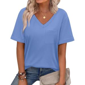 imageWIHOLL Womens Summer Tops V Neck Short Sleeve T Shirts Dressy Casual Basic Tee Clothes 2025E  Pale Blue