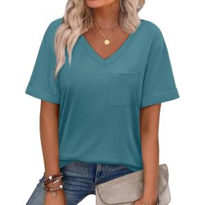 imageWIHOLL Womens Summer Tops V Neck Short Sleeve T Shirts Dressy Casual Basic Tee Clothes 2025F  Lake Blue