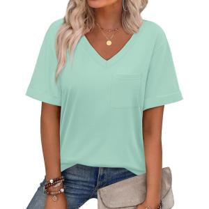 imageWIHOLL Womens Summer Tops V Neck Short Sleeve T Shirts Dressy Casual Basic Tee Clothes 2025I  Lake Green