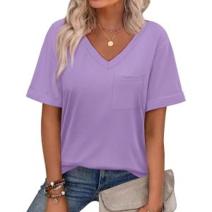 imageWIHOLL Womens Summer Tops V Neck Short Sleeve T Shirts Dressy Casual Basic Tee Clothes 2025P  Purple