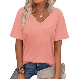 imageWIHOLL Womens Summer Tops V Neck Short Sleeve T Shirts Dressy Casual Basic Tee Clothes 2025R  Coral