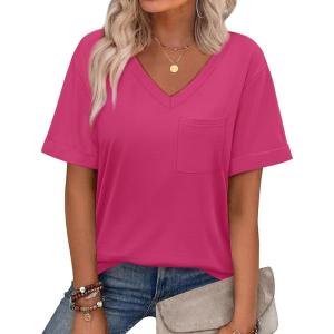 imageWIHOLL Womens Summer Tops V Neck Short Sleeve T Shirts Dressy Casual Basic Tee Clothes 2025S  Hot Pink